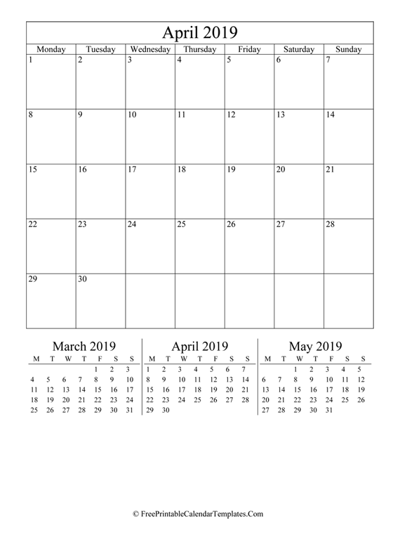 2019 April Calendar Printable (vertical)
