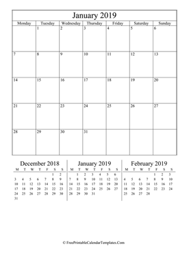 2019 january calendar printable vertical