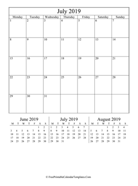 2019 july calendar printable vertical layout