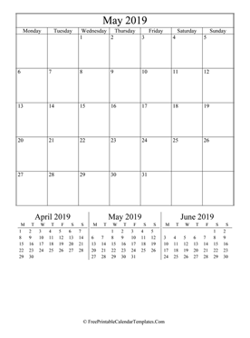 2019 may calendar printable vertical layout