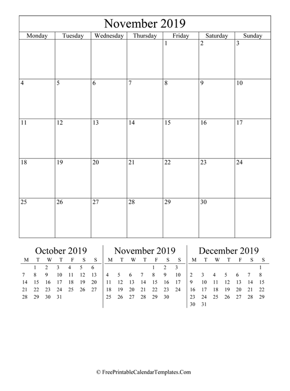 2019 November Calendar Printable (vertical)
