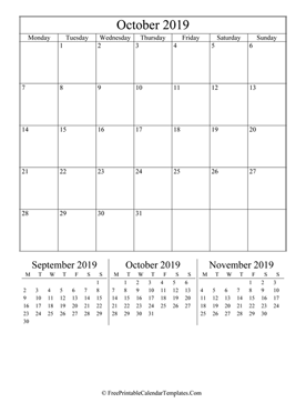 2019 october calendar printable vertical layout