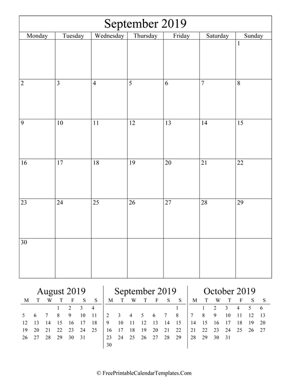 2019 September Calendar Printable (vertical)