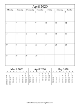 2020 april calendar printable vertical layout