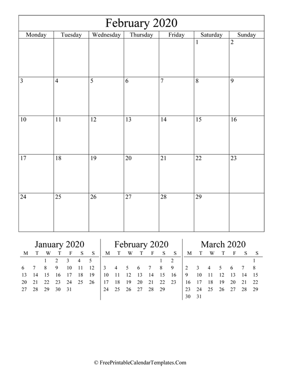 2020 February Calendar Printable (vertical)