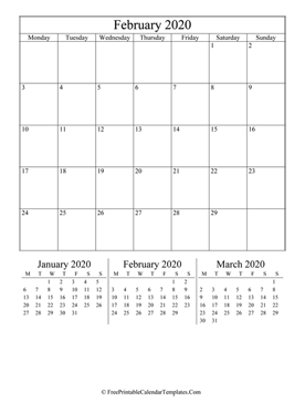 2020 february calendar printable vertical layout