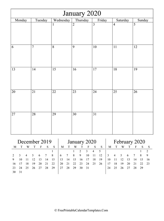 2020 January Calendar Printable (vertical)
