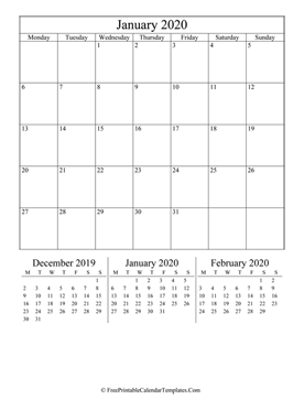 2020 january calendar printable vertical layout