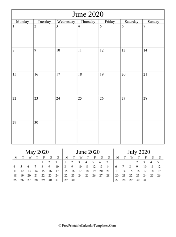 2020 June Calendar Printable (vertical)