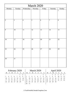 2020 march calendar printable vertical