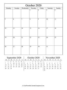 2020 october calendar printable vertical layout
