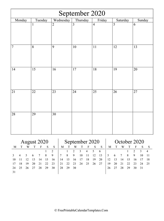 2020 September Calendar Printable (vertical)