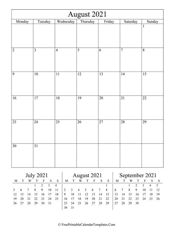 2021 August Calendar Printable (vertical)