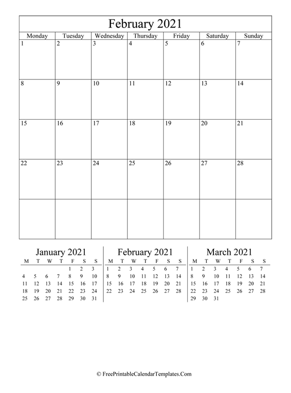 2021 February Calendar Printable (vertical)