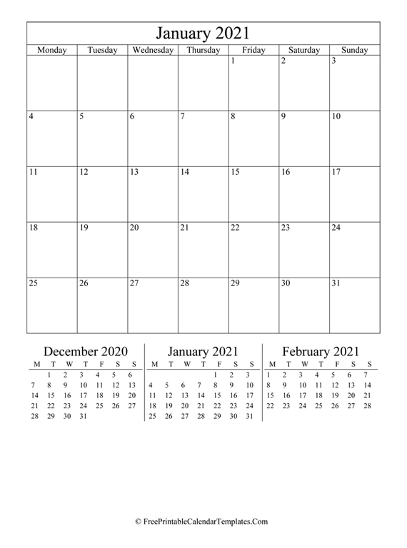 2021 January Calendar Printable (vertical)