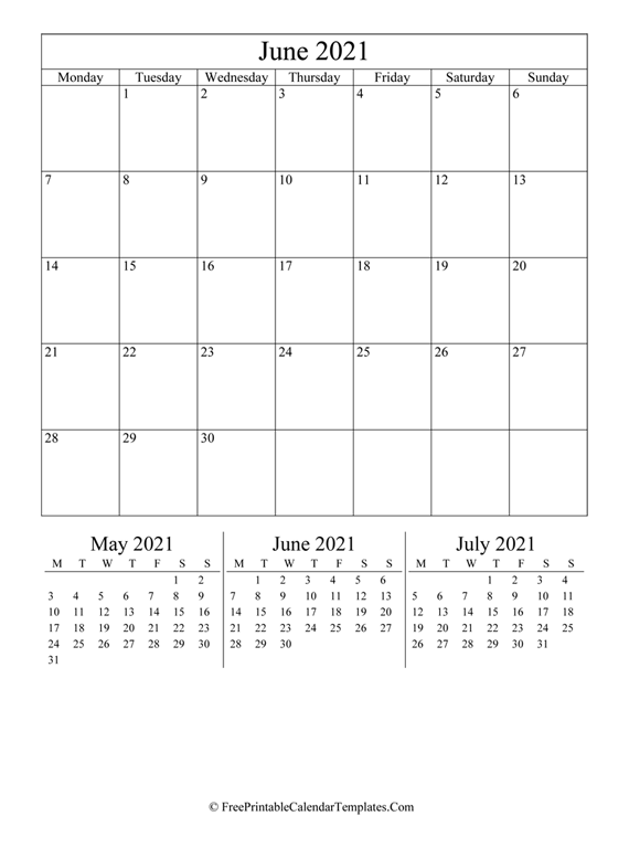 2021 June Calendar Printable (vertical)