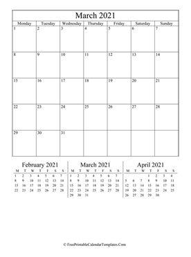 2021 march calendar printable vertical layout