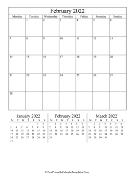 2022 february calendar printable vertical layout