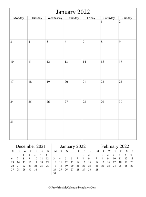 2022 January Calendar Printable (vertical)