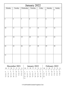 January 2022 Calendar Printable with Holidays