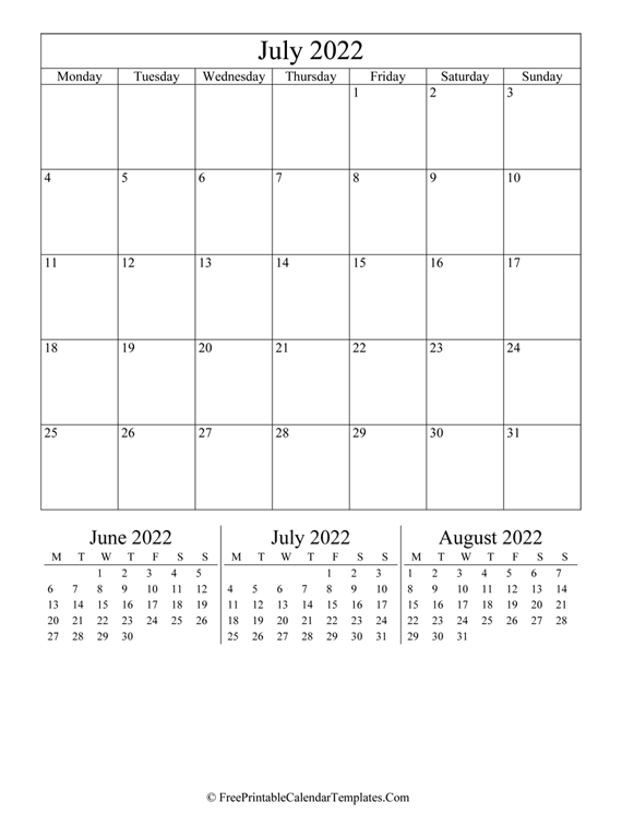 2022 July Calendar Printable (vertical)