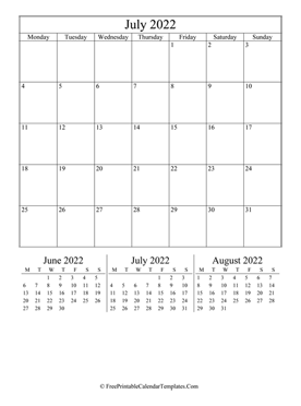 2022 july calendar printable vertical layout