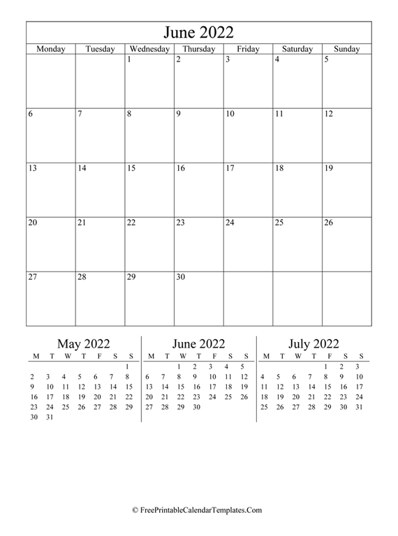 2022 June Calendar Printable (vertical)