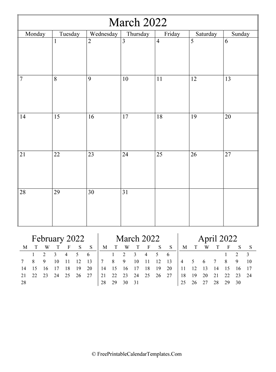 2022 march calendar printable vertical layout