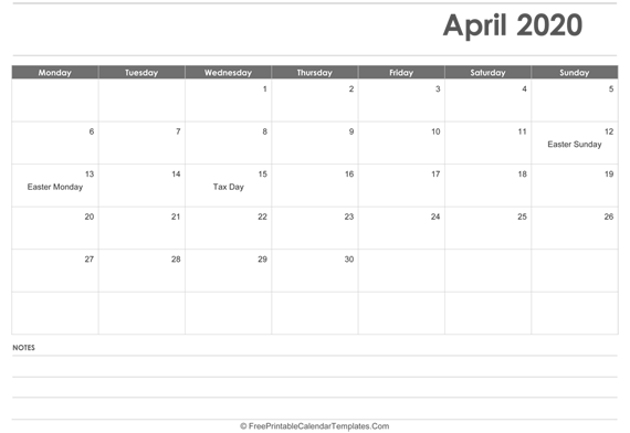April 2020  Calendar Printable with Holidays