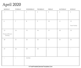 april 2020 editable calendar with holidays and notes