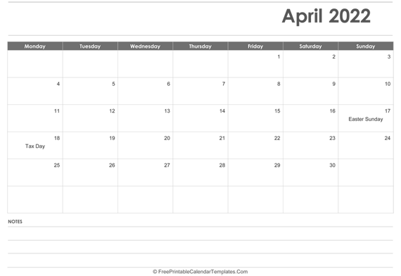 April 2022  Calendar Printable with Holidays
