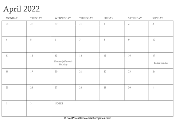 April 2022 Editable Calendar with Holidays and Notes