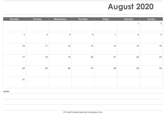 August 2020  Calendar Printable with Holidays