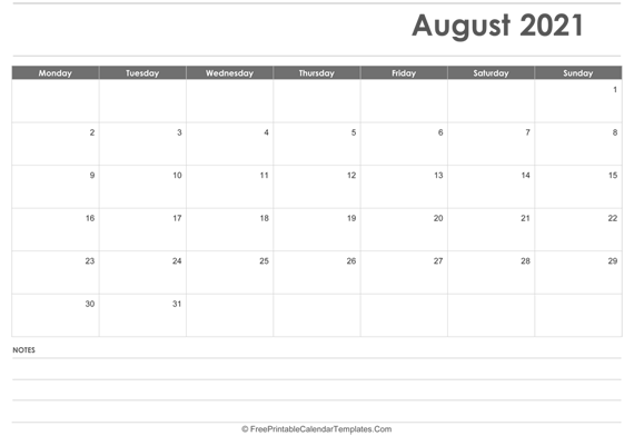 August 2021  Calendar Printable with Holidays