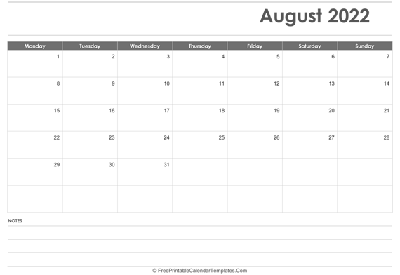 August 2022  Calendar Printable with Holidays