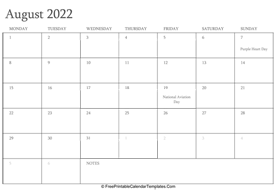 august 2022 editable calendar holidays notes