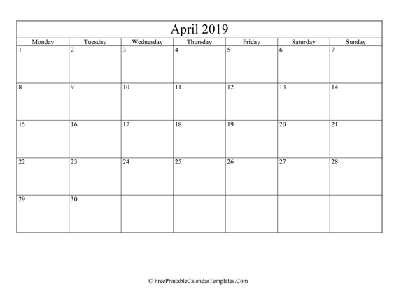 Blank Editable April Calendar 2019 (Landscape)