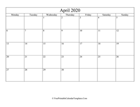 blank and editable april calendar 2020 in landscape layout