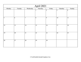 blank and editable april calendar 2021 in landscape layout