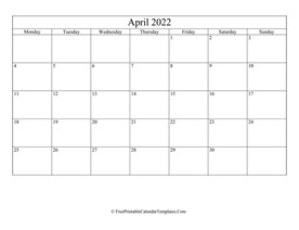 blank and editable april calendar 2022 in landscape layout