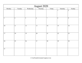august 2020 calendar weekend highlight layout