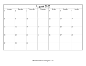 blank and editable august calendar 2022 in landscape layout