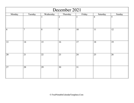 blank and editable december calendar 2021 in landscape layout