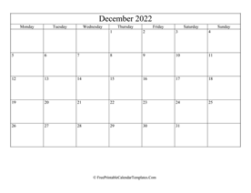 blank and editable december calendar 2022 in landscape layout