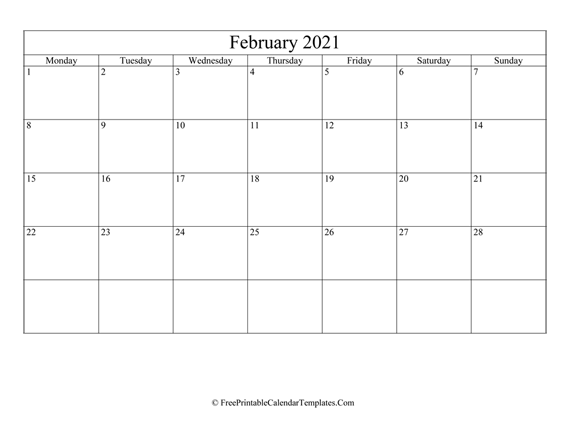 Blank Editable February Calendar 2021 (Landscape)