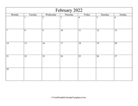 blank and editable february calendar 2022 in landscape layout
