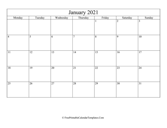 Blank Editable January Calendar 2021 (Landscape)