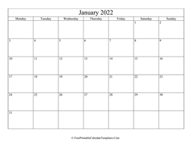blank and editable january calendar 2022 in landscape layout