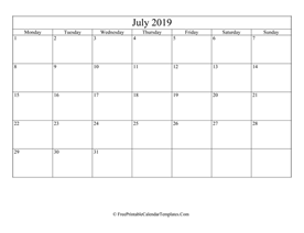 blank and editable july calendar 2019 in landscape layout