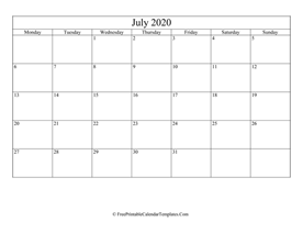 blank and editable july calendar 2020 in landscape layout